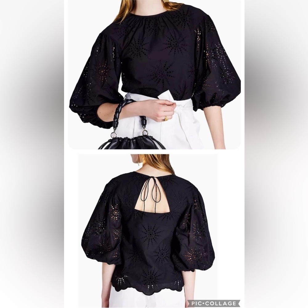 LIKE NEW Kate Spade Suns Eyelet Puff Sleeve Top Black Size XS Scalloped Hem